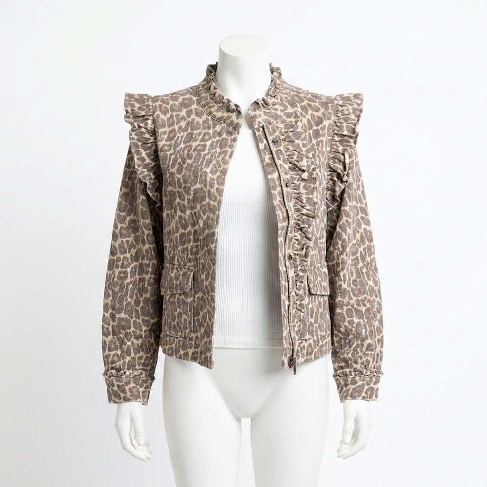 NEW KARLIE lucy leopard ruffle denim jacket in brown